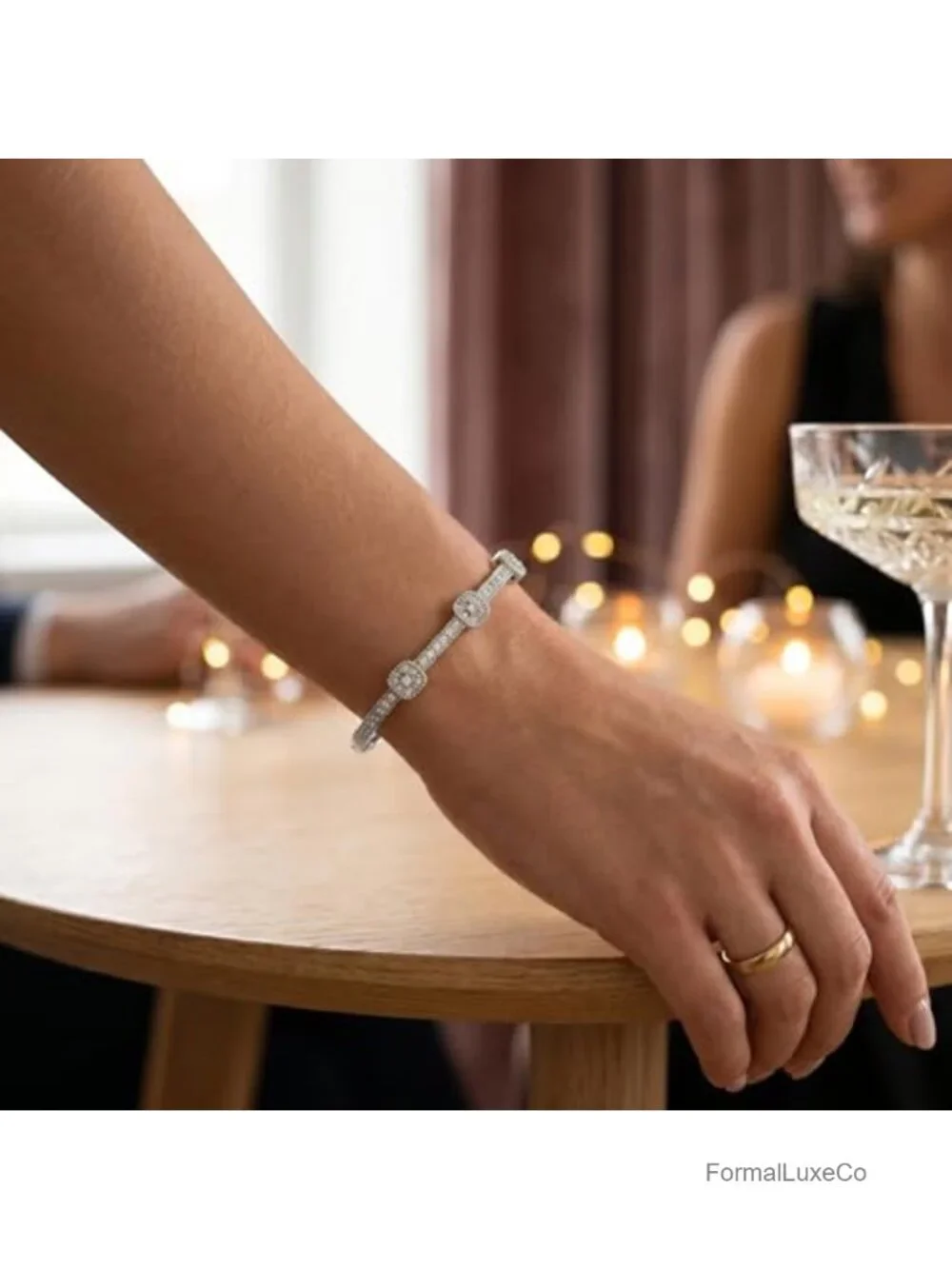 Vintage Cubic Zirconia Crystal Bangle Bracelet Rhodium Plated 7